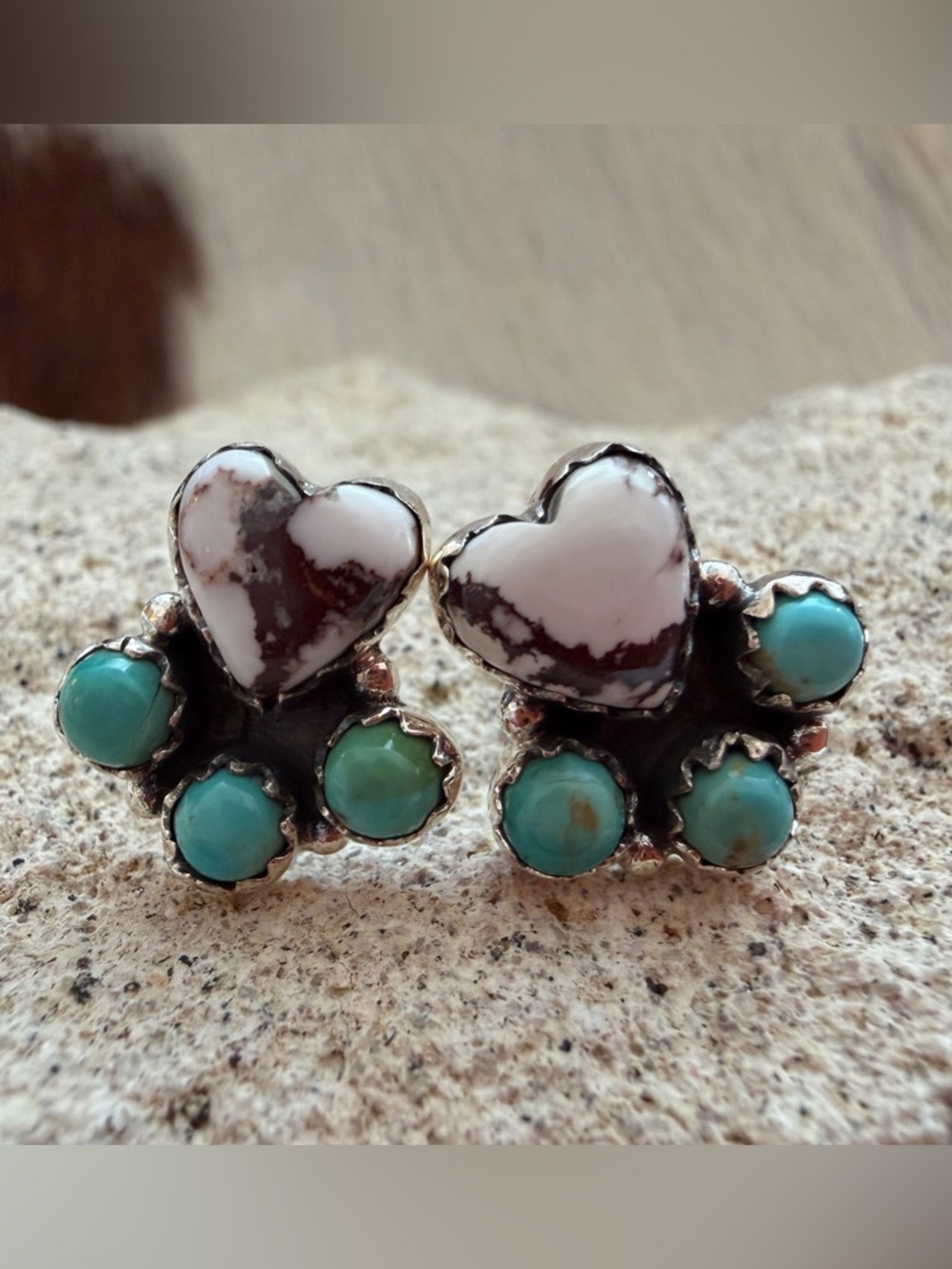 ❤️ Wild Horse Jasper Hearts & Kingman Turquoise 925 Navajo Style Stud Earrings
